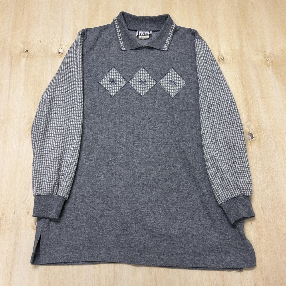 Vintage Cricket Lane Sweater Tunic Womens Medium Gray Collared Argyle Knit USA